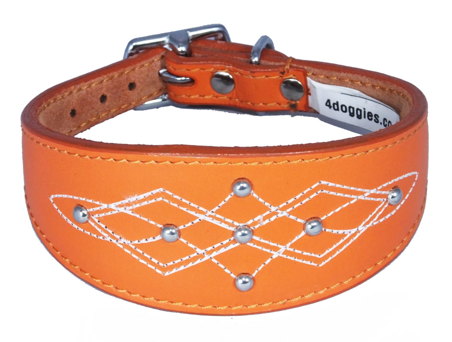 Orange Silver Stud Stitch Design Leather Whippet, Greyhound Collar Sighthound Dogs