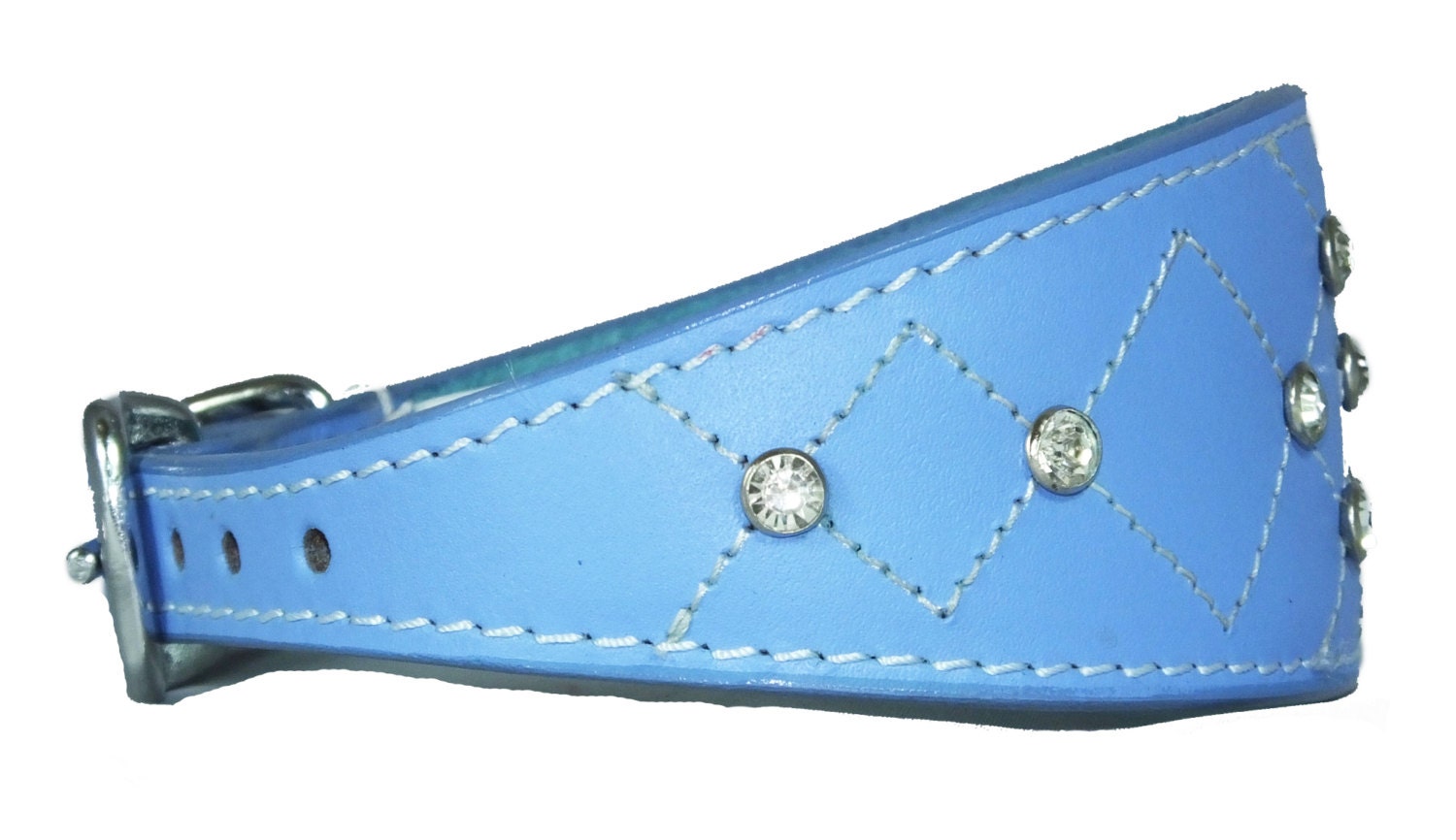 Light Blue Diamante Diamond Stitch Design Leather Whippet Collar Greyhound Collar Sight hound Dogs Collar