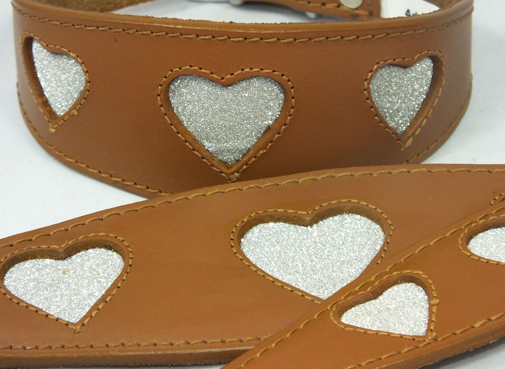 Tan Leather Whippet Collar Greyhound Collar Sparkle Glitter Heart Galgo Podenco Dog