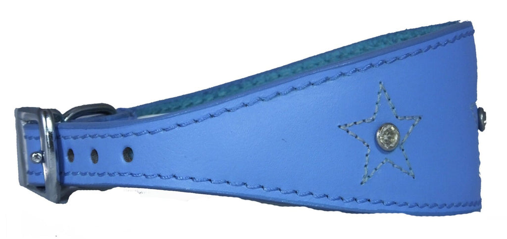 Light Blue Star Diamante Stitch Design Leather Whippet Collar Greyhound Collar Sight hound Dogs Collar