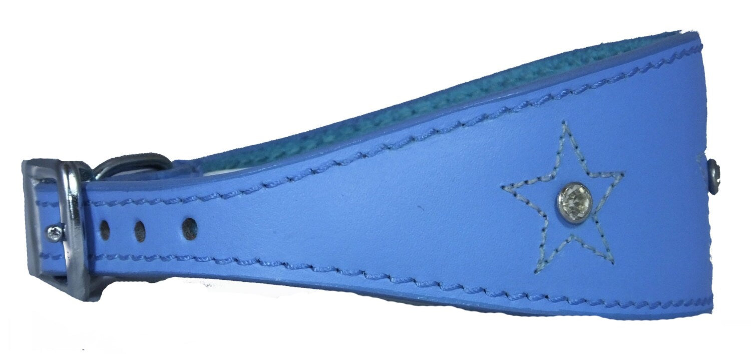 Light Blue Star Diamante Stitch Design Leather Whippet Collar Greyhound Collar Sight hound Dogs Collar