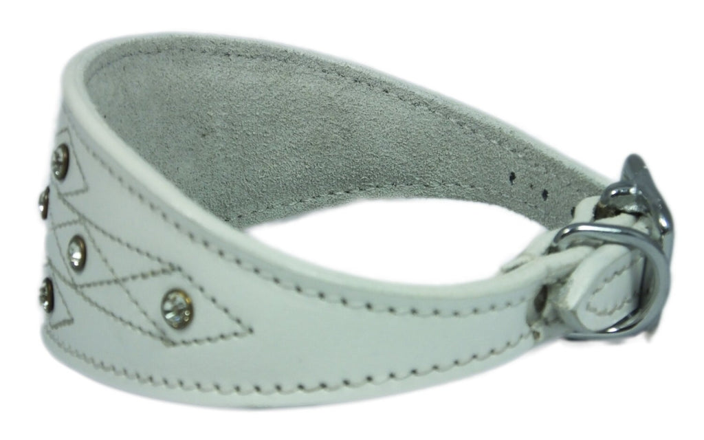 White Diamante Stud and Stich Design Leather Collar For Whippet Greyhound Lurcher