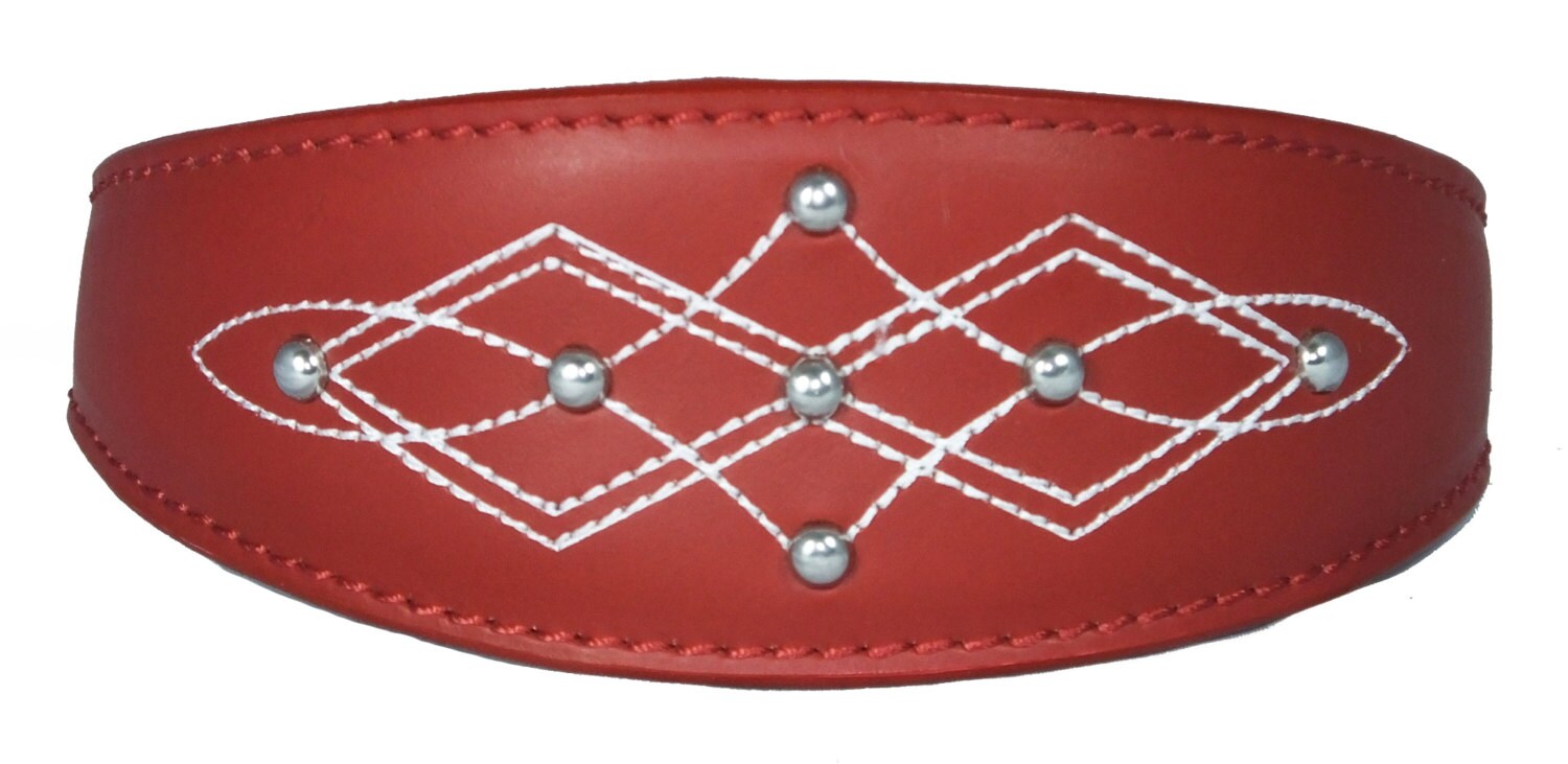 Red Silver Stud Stitch Design Leather Whippet, Greyhound Collar Sighthound Dogs