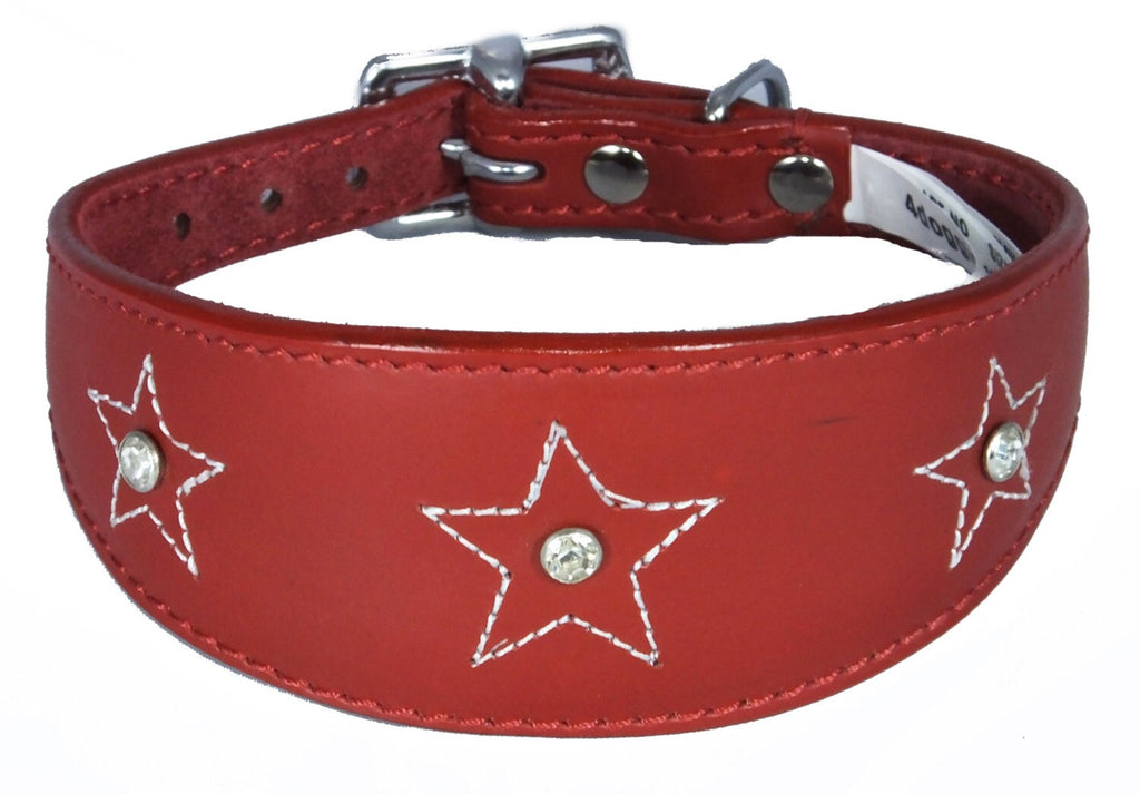 Red Star Diamante Stitch Design Leather Whippet Collar Greyhound Collar Sight hound Dogs Collar