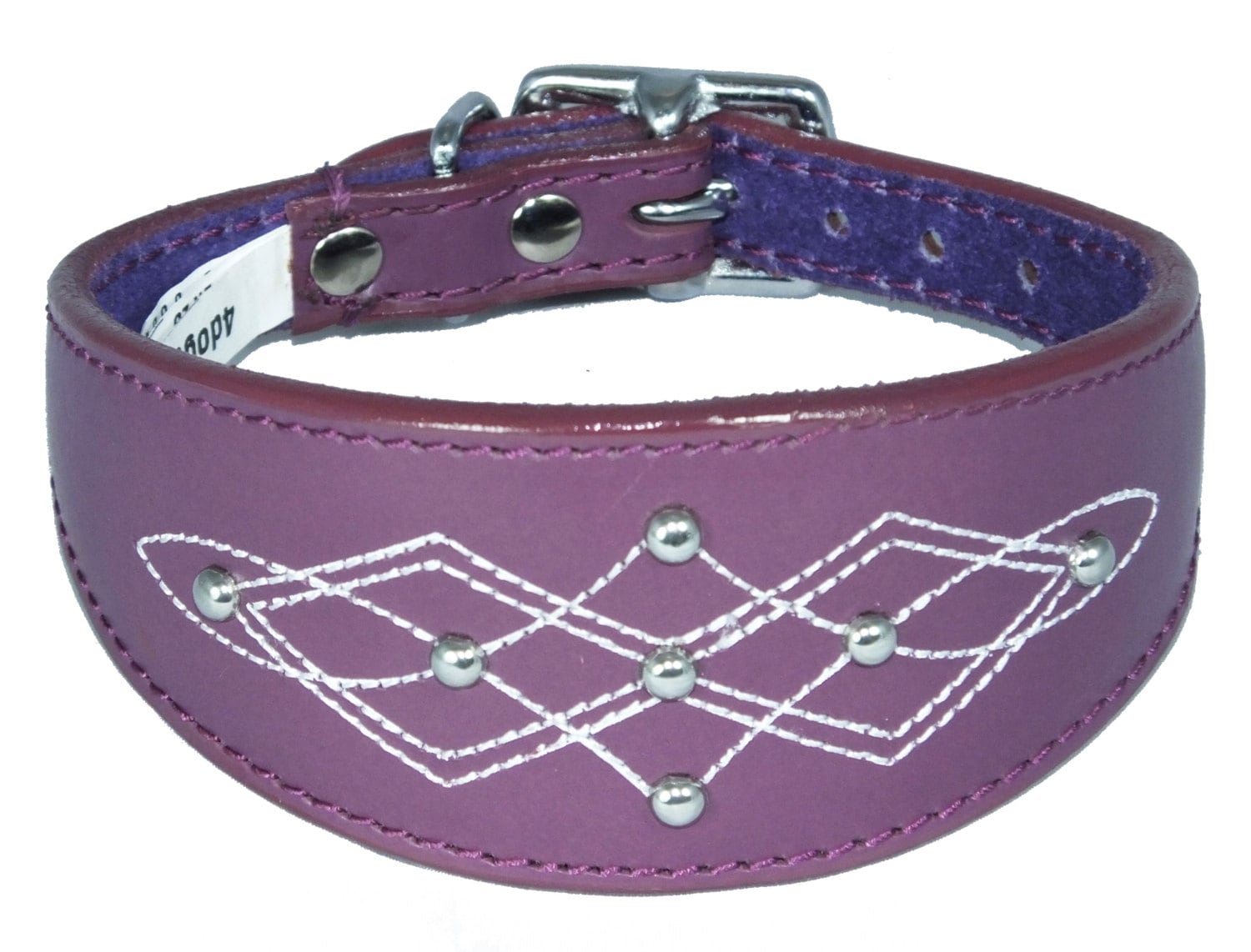 Purple Silver Stud Stitch Design Leather Whippet, Greyhound Collar Sighthound Dogs