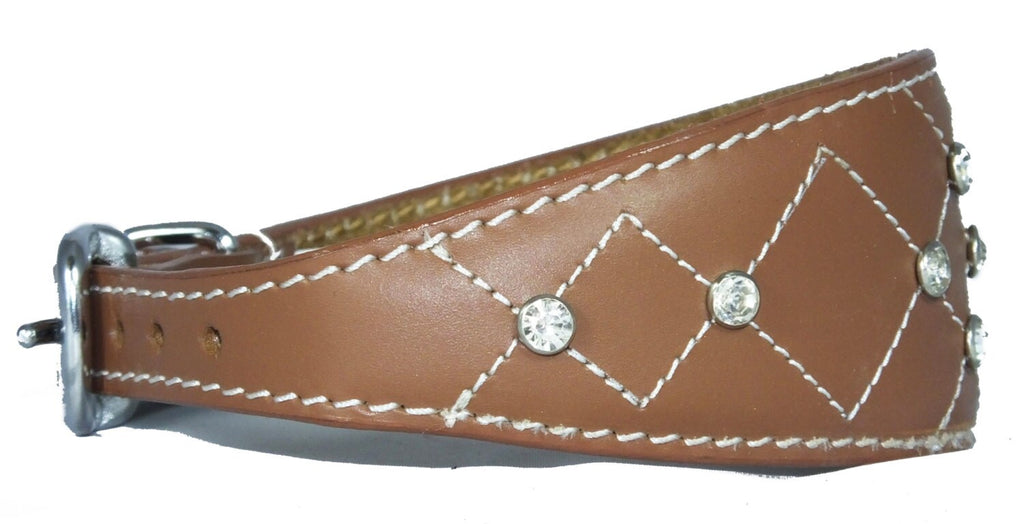 Tan Diamante Diamond Stitch Design Leather Whippet Collar Greyhound Collar Sight hound Dogs Collar