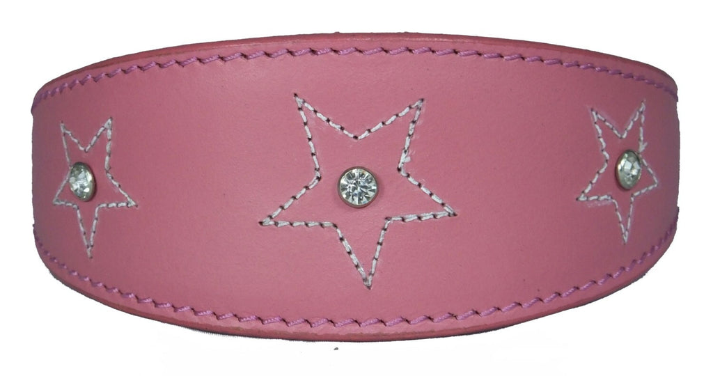 Pink Star Diamante Stitch Design Leather Whippet Collar Greyhound Collar Sight hound Dogs Collar