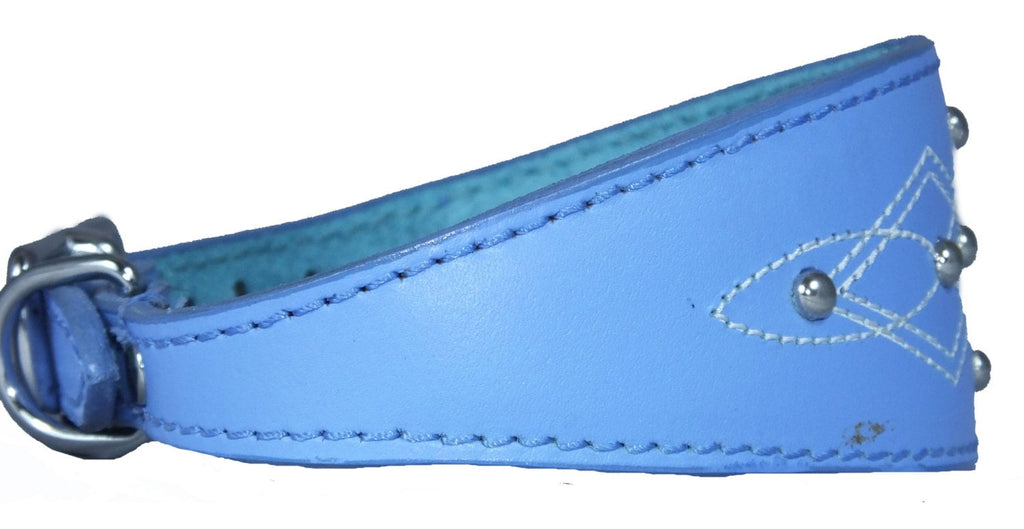 Light Blue Silver Stud Stitch Design Leather Whippet, Greyhound Collar Sighthound Dogs