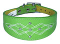 Green Silver Stud Stitch Design Leather Whippet, Greyhound Collar Sighthound Dogs