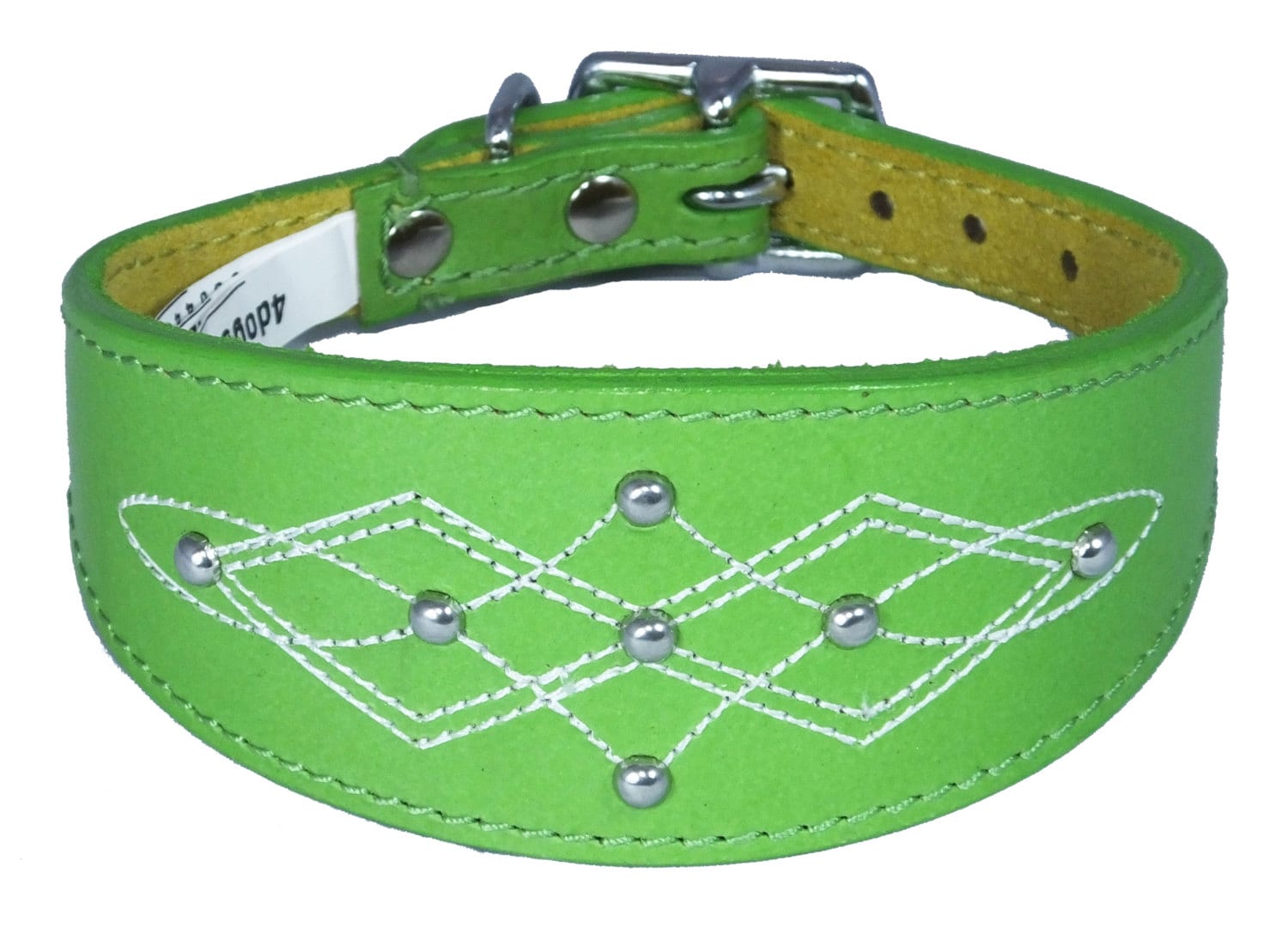 Green Silver Stud Stitch Design Leather Whippet, Greyhound Collar Sighthound Dogs