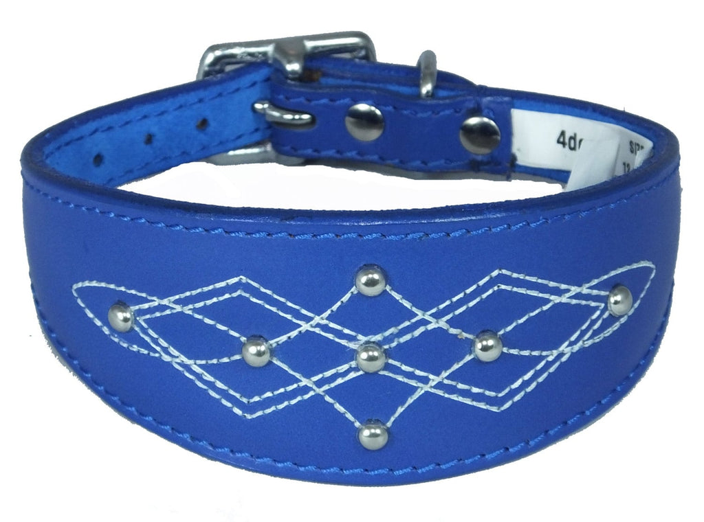 Dark Blue Silver Stud Stitch Design Leather Whippet, Greyhound Collar Sighthound Dogs