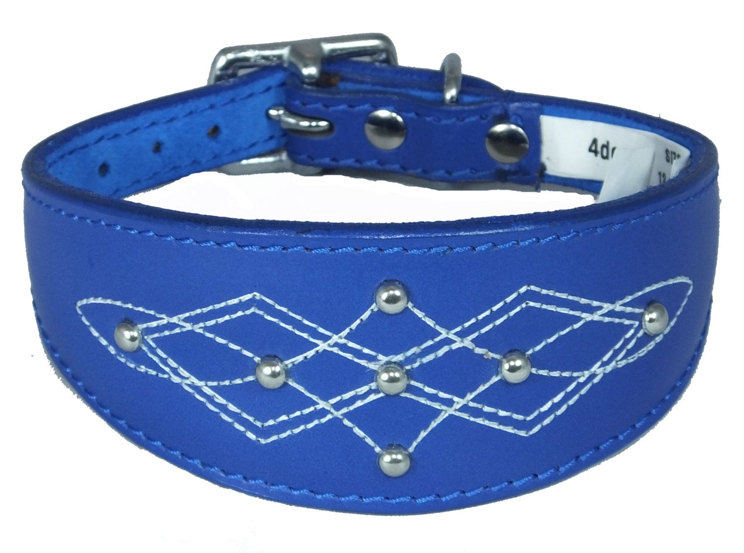 Dark Blue Silver Stud Stitch Design Leather Whippet, Greyhound Collar Sighthound Dogs