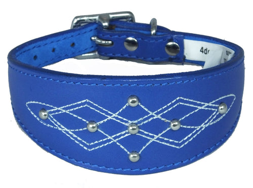 Dark Blue Silver Stud Stitch Design Leather Whippet, Greyhound Collar Sighthound Dogs