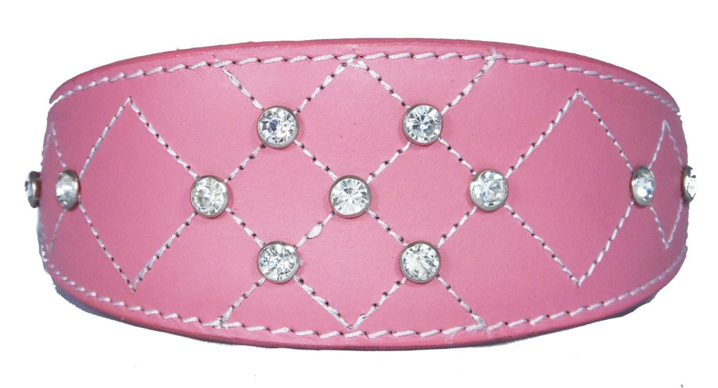 Pink Diamante Diamond Stitch Design Leather Whippet Collar Greyhound Collar Sight hound Dogs Collar