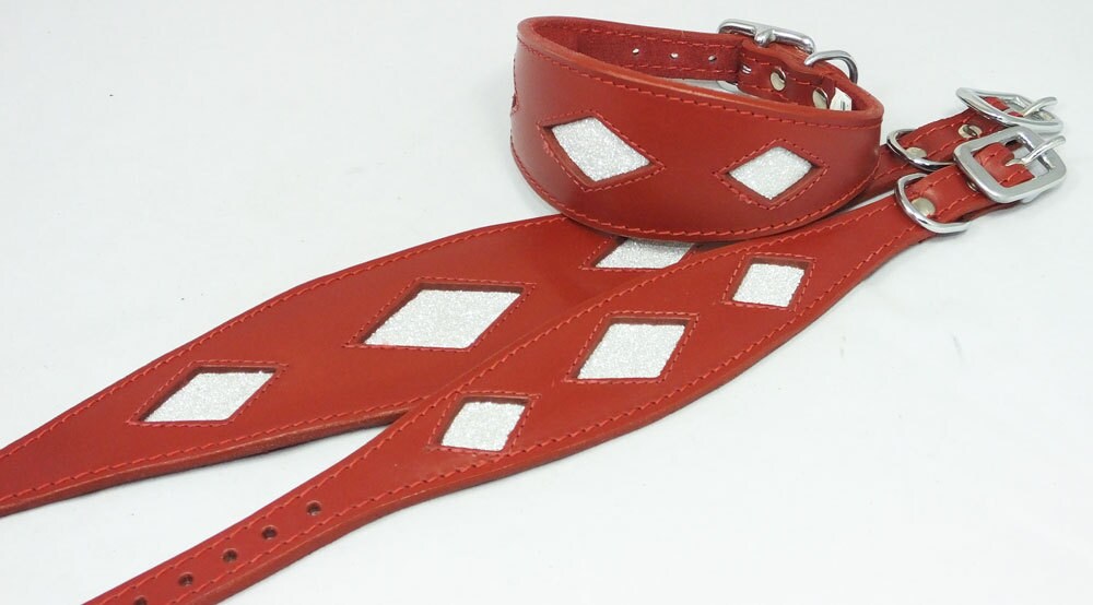 Red Leather Whippet Collar Greyhound Sparkle Glitter Diamond Dog Collar Galgo Hound