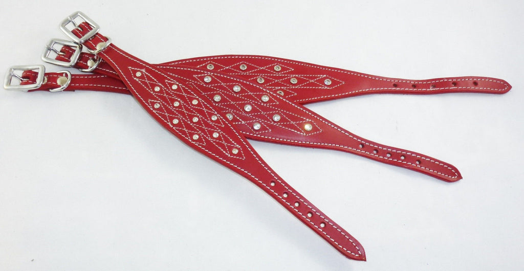 Red Diamante Stud and Stich Design Leather Collar For Whippet Greyhound Lurcher
