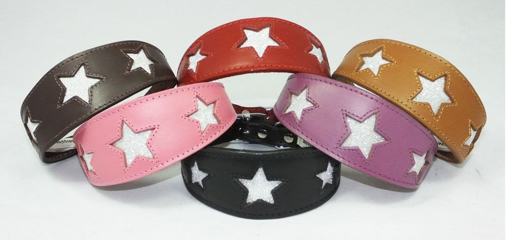 Brown Leather Whippet Collar Greyhound Collar Sparkle Glitter Star Sighthound Dogs