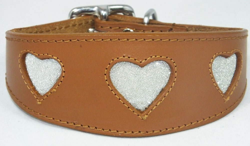 Tan Leather Whippet Collar Greyhound Collar Sparkle Glitter Heart Galgo Podenco Dog