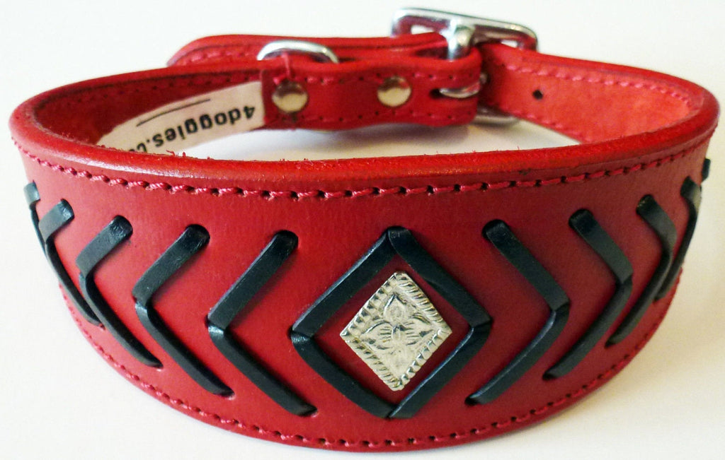Red Fish Bone Stitch Leather Whippet Collar Greyhound Collar Dog Collars Galgo