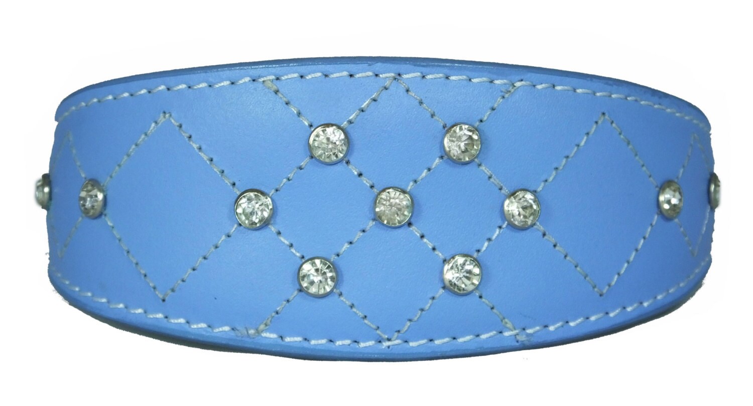 Light Blue Diamante Diamond Stitch Design Leather Whippet Collar Greyhound Collar Sight hound Dogs Collar