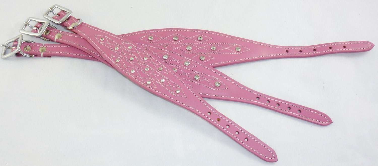 Pink Diamante Stud and Stich Design Leather Collar For Whippet Greyhound Lurcher