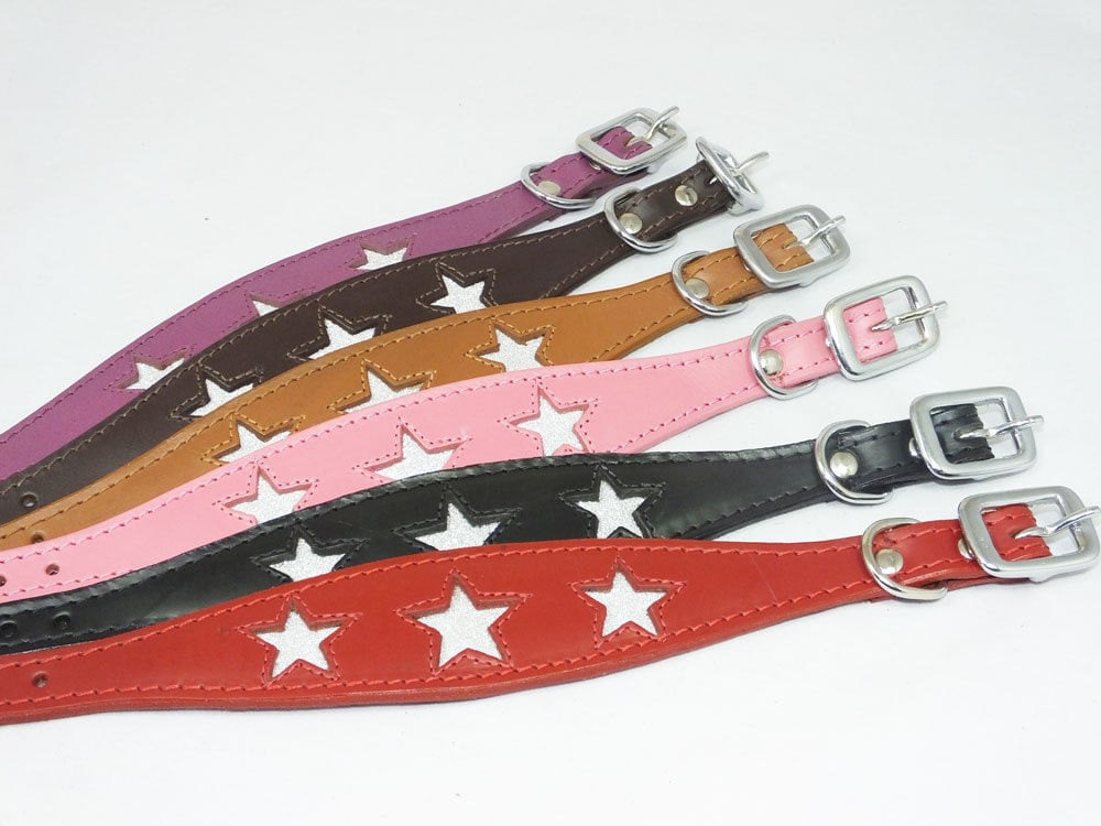 Purple Leather Whippet Collar Greyhound Collar Sparkle Glitter Star Sighthound Dogs