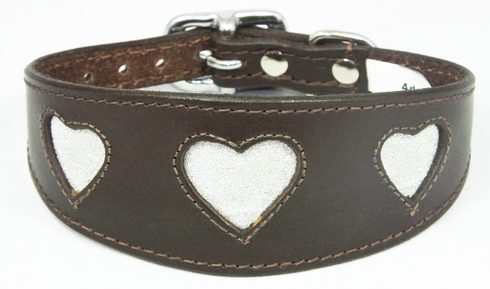 Brown Leather Whippet Collar Greyhound Collar Sparkle Glitter Heart Galgo Podenco Dog