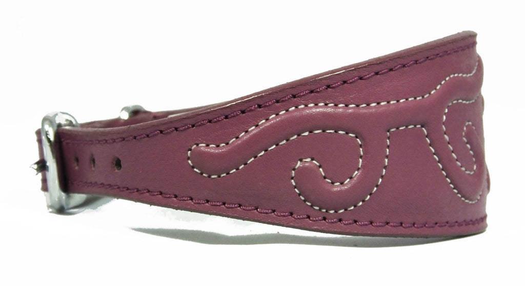 Purple Leather Whippet Collar Greyhound Collar With Embossed Stitch Design