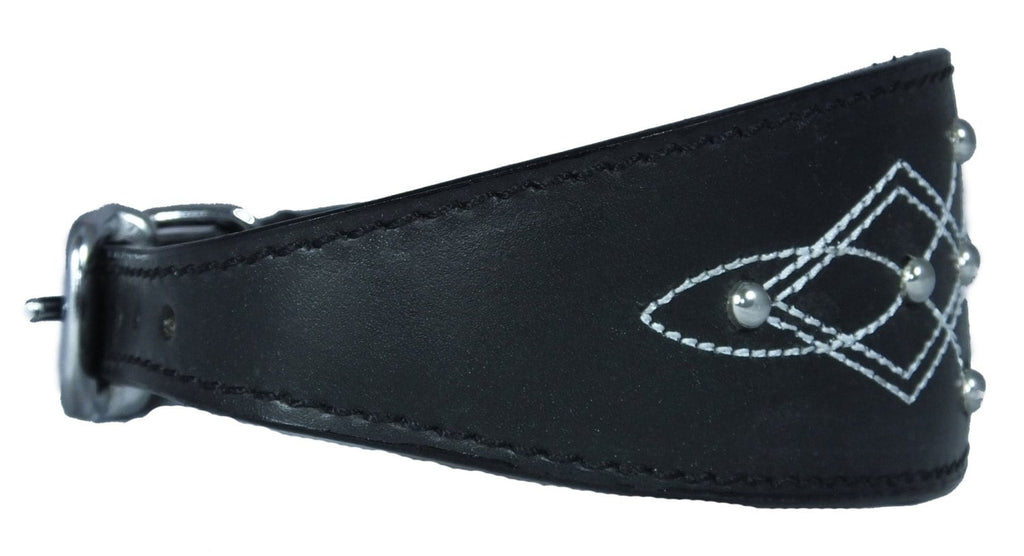 Black Silver Stud Stitch Design Leather Whippet, Greyhound Collar Sighthound Dogs