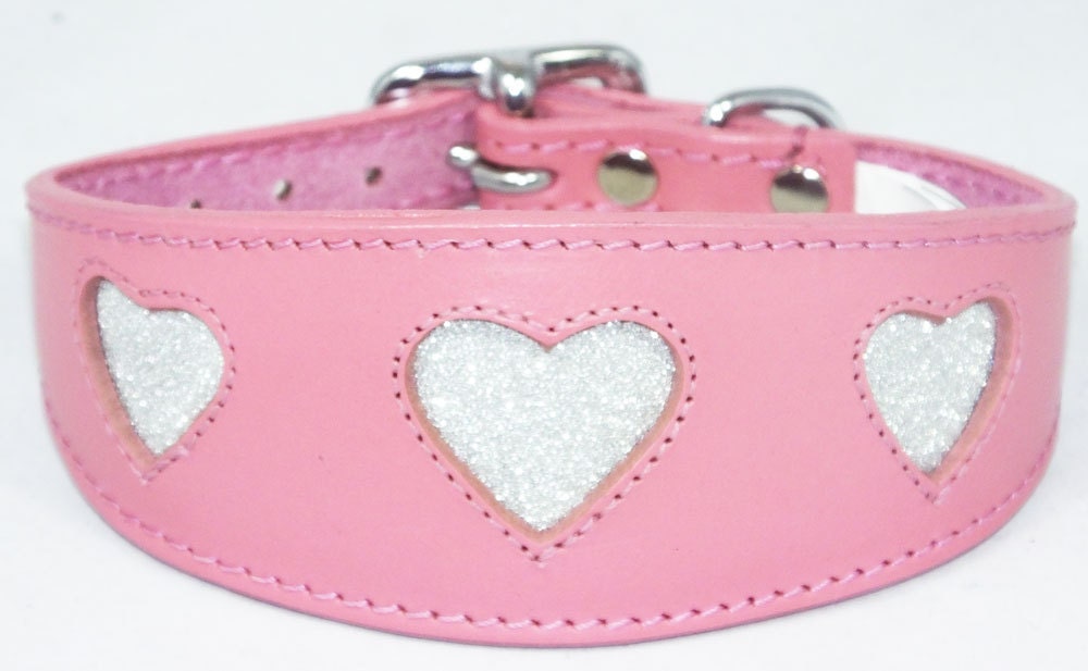 Pink Leather Whippet Collar Greyhound Collar Sparkle Glitter Heart Galgo Podenco Dog