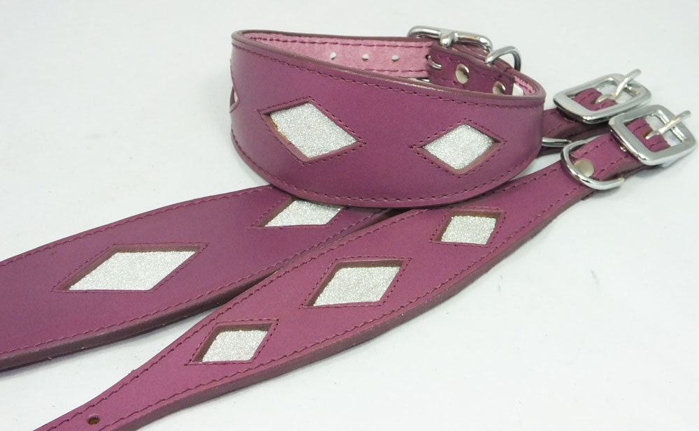 Purple Leather Whippet Collar Greyhound Sparkle Glitter Diamond Dog Collar Galgo Hound