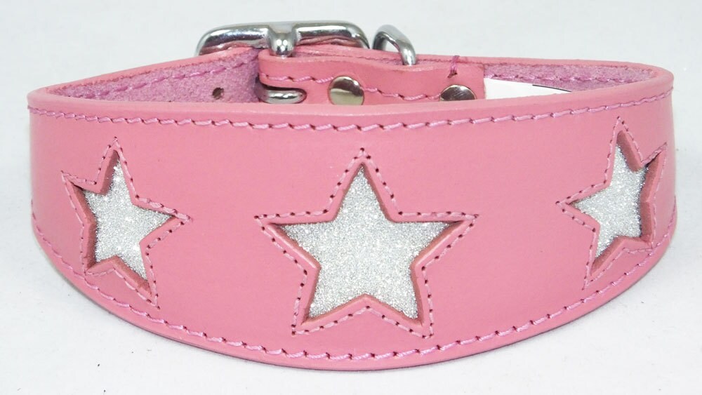 Pink Leather Whippet Collar Greyhound Collar Sparkle Glitter Star Sighthound Dogs