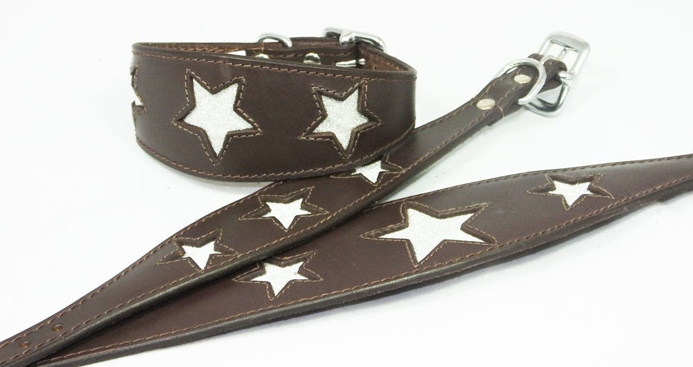Brown Leather Whippet Collar Greyhound Collar Sparkle Glitter Star Sighthound Dogs