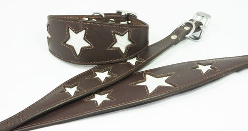Brown Leather Whippet Collar Greyhound Collar Sparkle Glitter Star Sighthound Dogs