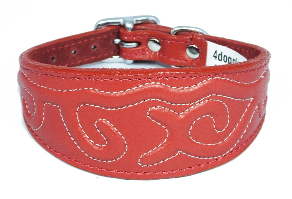 Red Leather Whippet Collar Greyhound Collar With Embossed Stitch Design