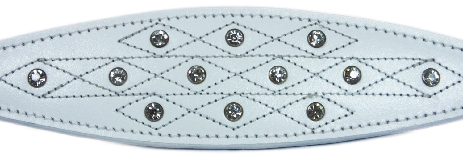 White Diamante Stud and Stich Design Leather Collar For Whippet Greyhound Lurcher