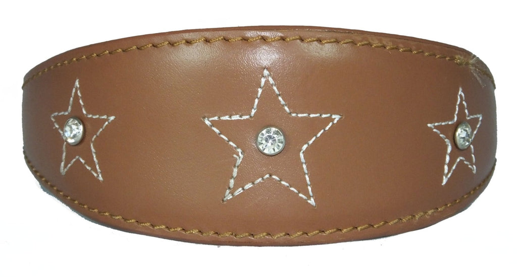 Tan Star Diamante Stitch Design Leather Whippet Collar Greyhound Collar Sight hound Dogs Collar
