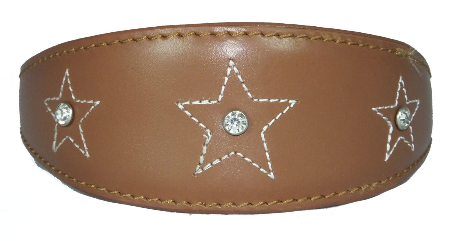 Tan Star Diamante Stitch Design Leather Whippet Collar Greyhound Collar Sight hound Dogs Collar