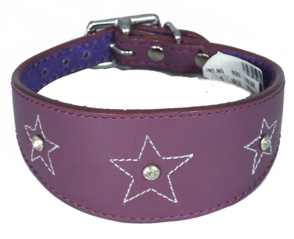 Purple Star Diamante Stitch Design Leather Whippet Collar Greyhound Collar Sight hound Dogs Collar