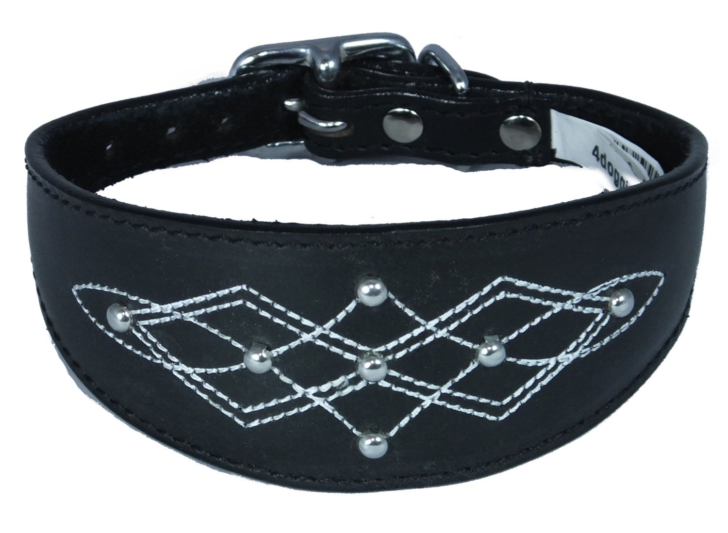 Black Silver Stud Stitch Design Leather Whippet, Greyhound Collar Sighthound Dogs