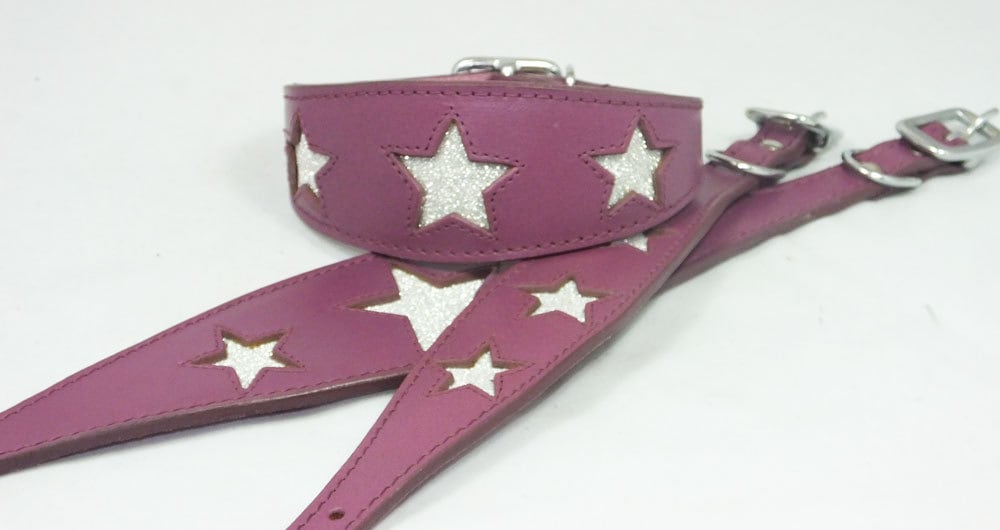 Purple Leather Whippet Collar Greyhound Collar Sparkle Glitter Star Sighthound Dogs