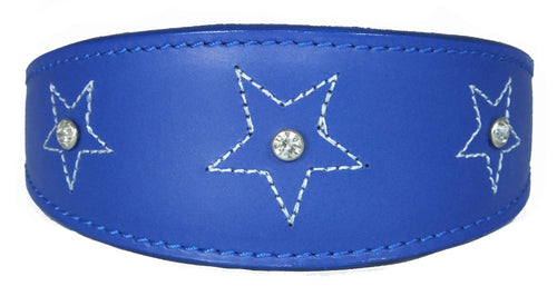 Dark Blue Star Diamante Stitch Design Leather Whippet Collar Greyhound Collar Sight hound Dogs Collar