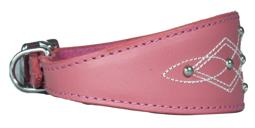 Pink Silver Stud Stitch Design Leather Whippet, Greyhound Collar Sighthound Dogs
