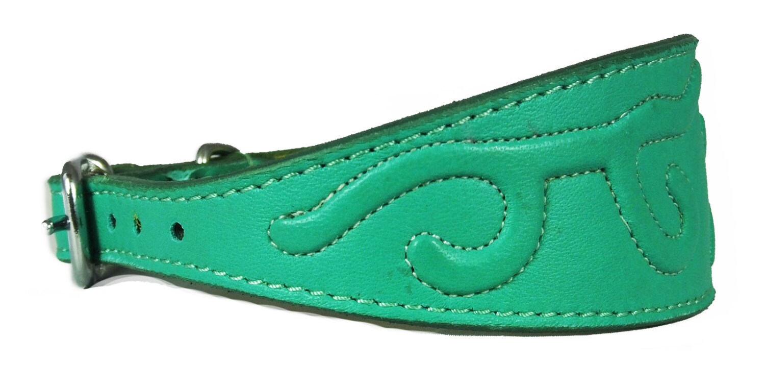 Green Leather Whippet Collar Greyhound Collar With Embossed Stitch Design