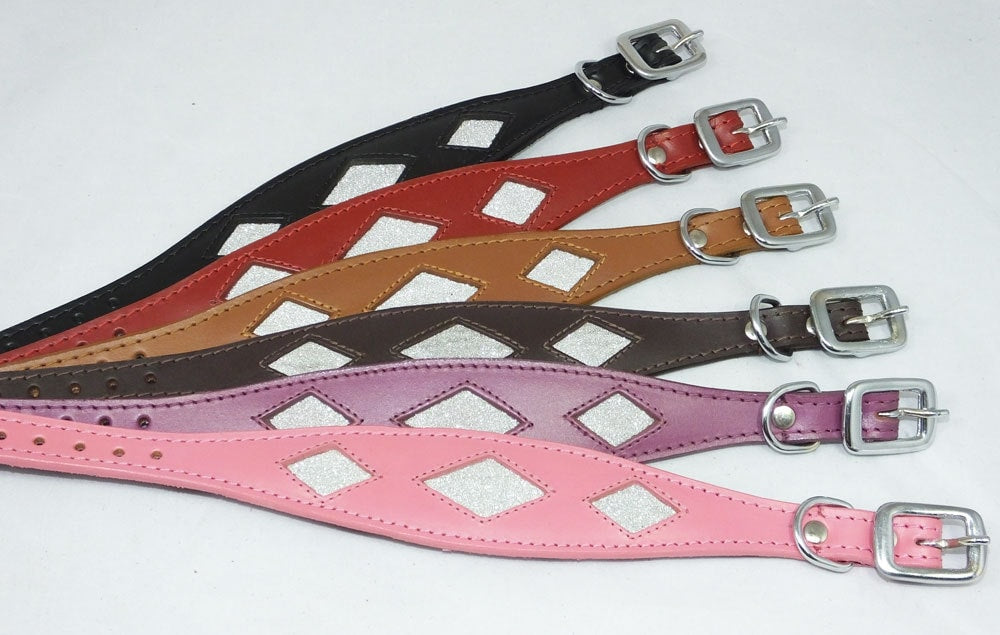 Tan Leather Whippet Collar Greyhound Sparkle Glitter Diamond Dog Collar Galgo Hound