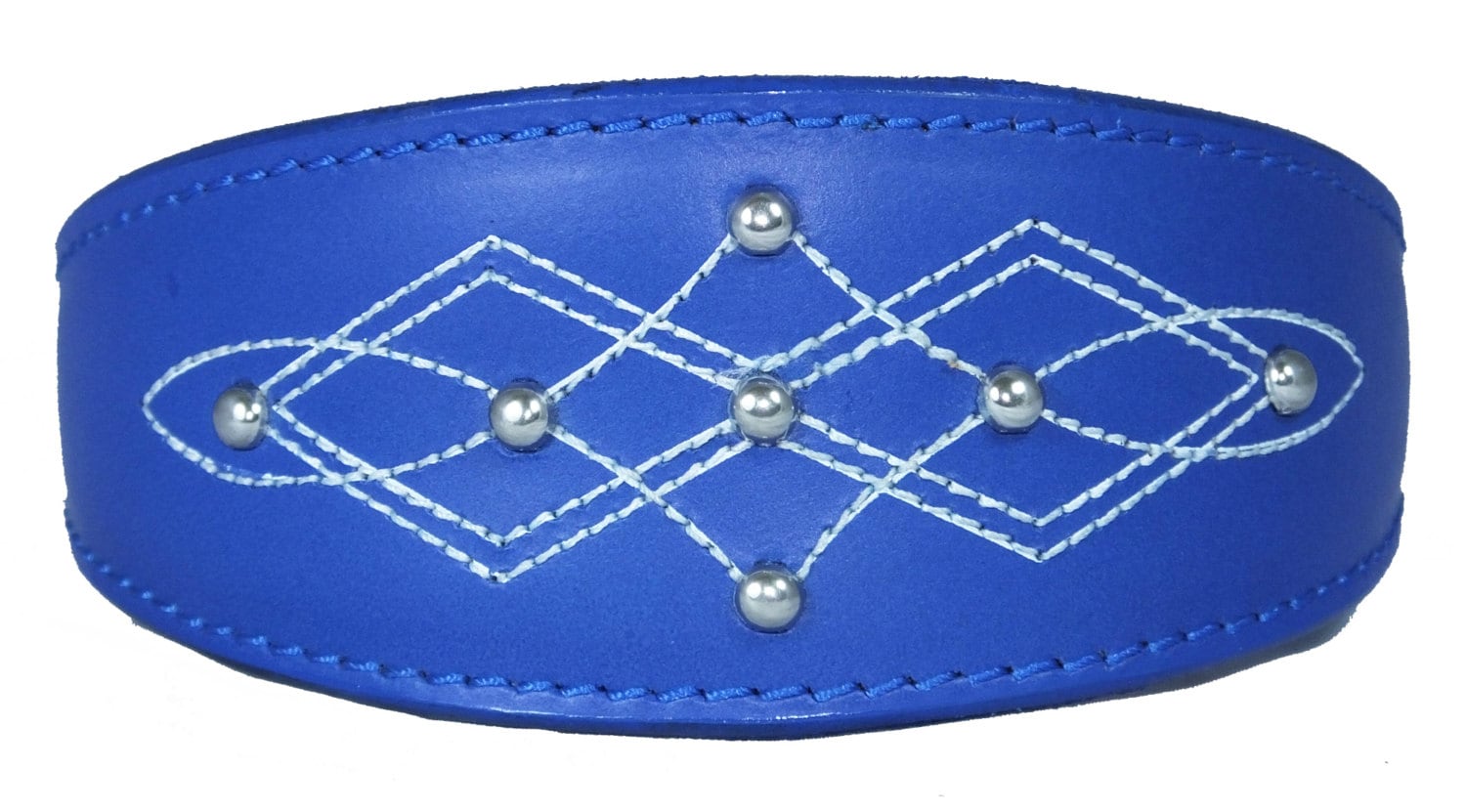 Dark Blue Silver Stud Stitch Design Leather Whippet, Greyhound Collar Sighthound Dogs