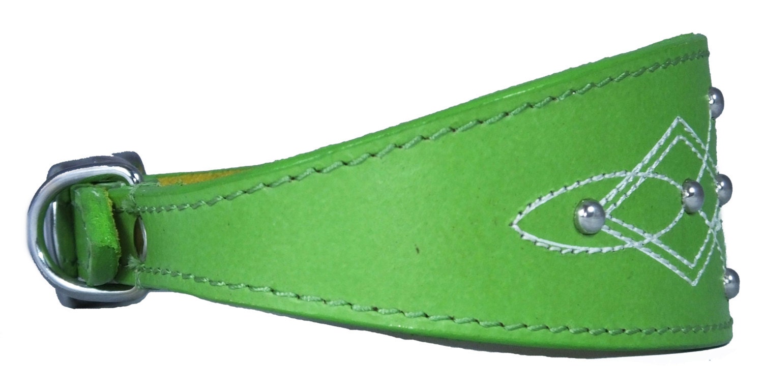 Green Silver Stud Stitch Design Leather Whippet, Greyhound Collar Sighthound Dogs