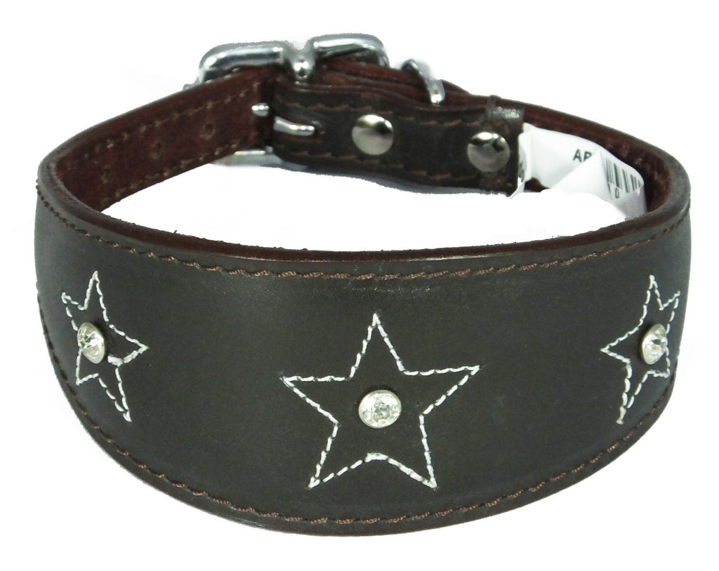 Brown Star Diamante Stitch Design Leather Whippet Collar Greyhound Collar Sight hound Dogs Collar