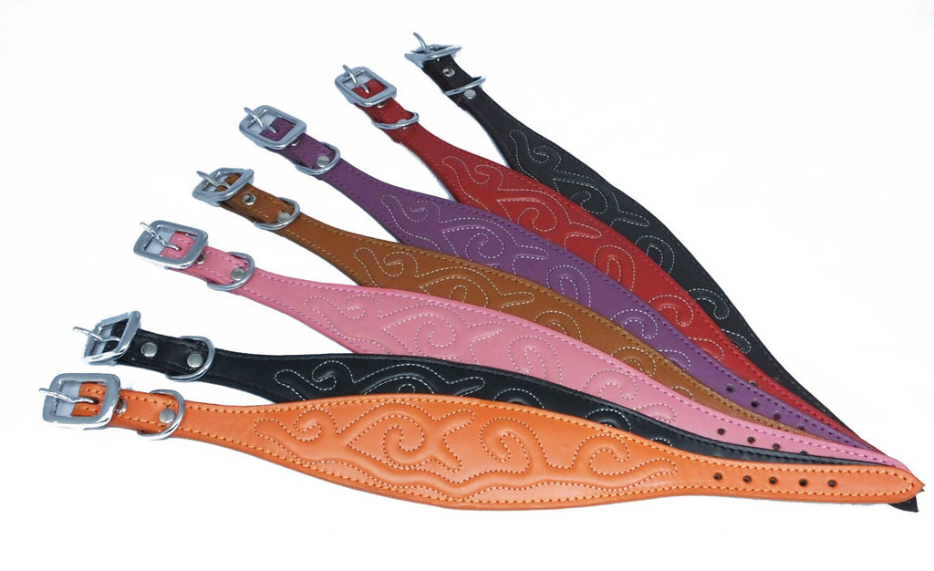 Black Leather Whippet Collar Greyhound Collar With Embossed Stitch Design
