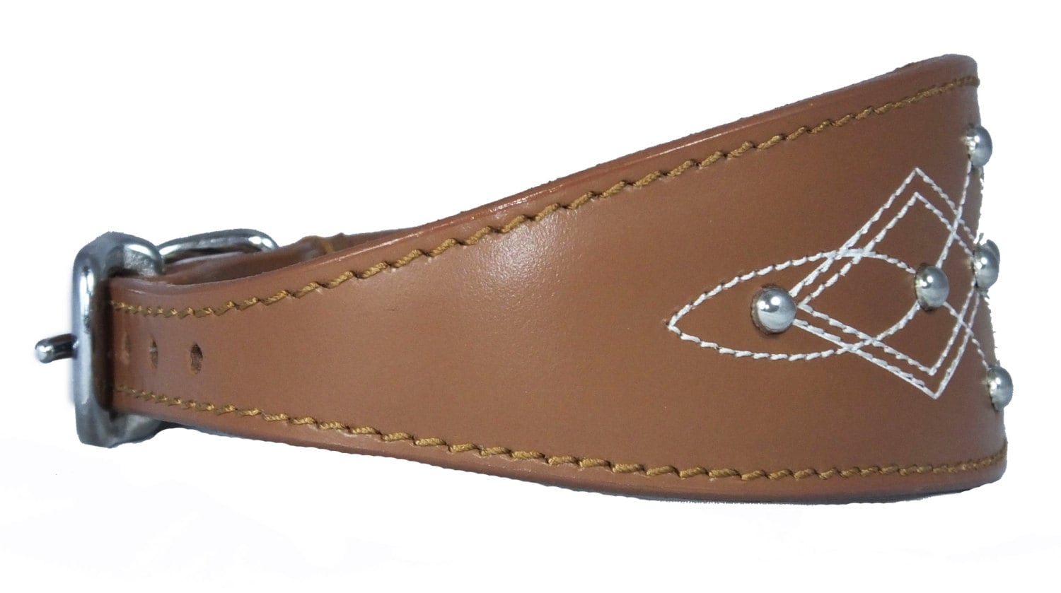 Tan Silver Stud Stitch Design Leather Whippet, Greyhound Collar Sighthound Dogs